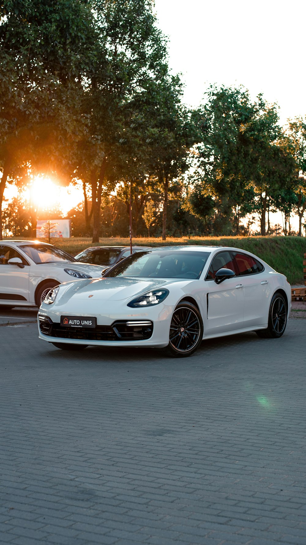 a group of cars parked on a street with trees and a sunset