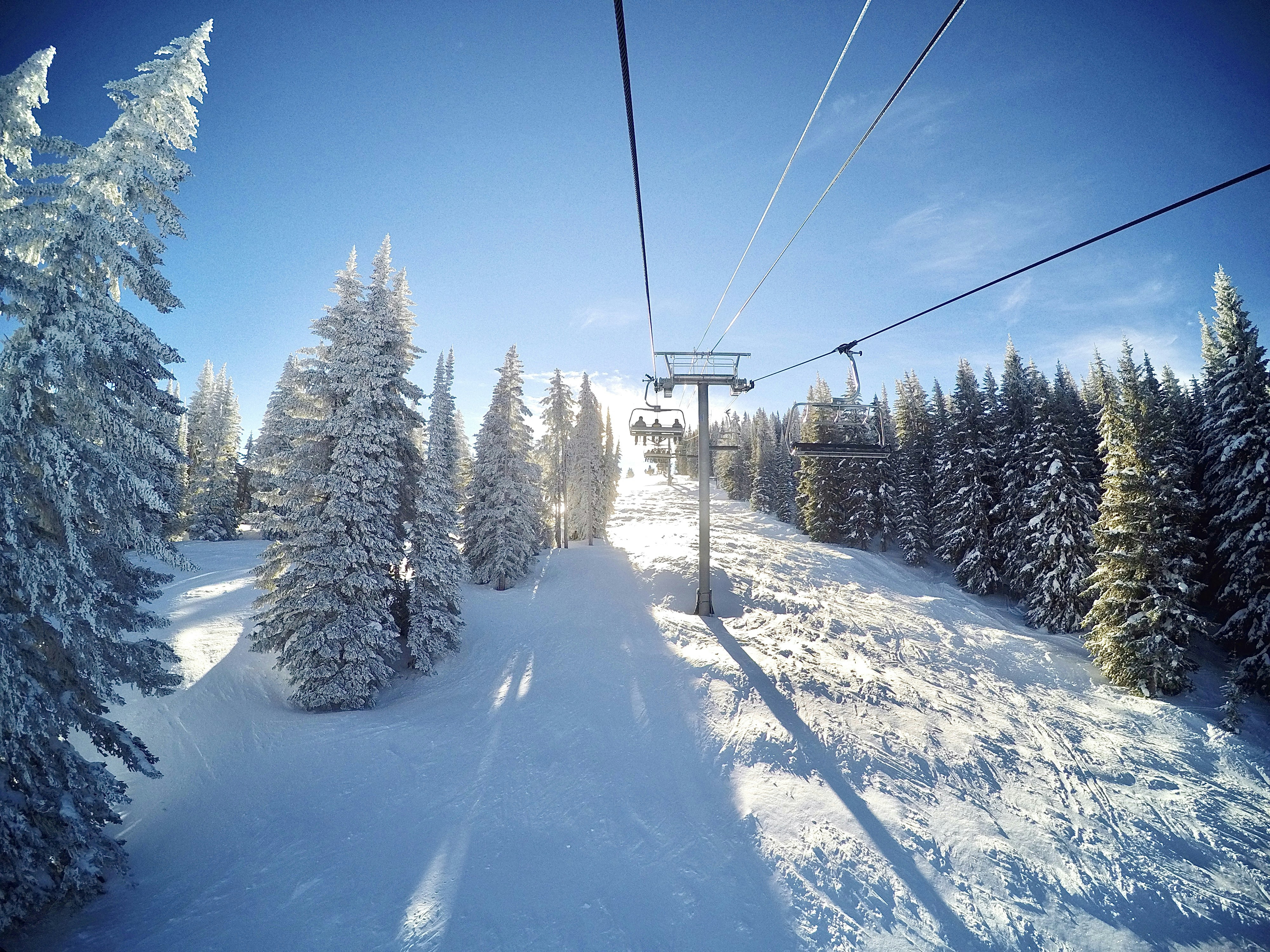 a ski lift going up a snowy hill with trees on it