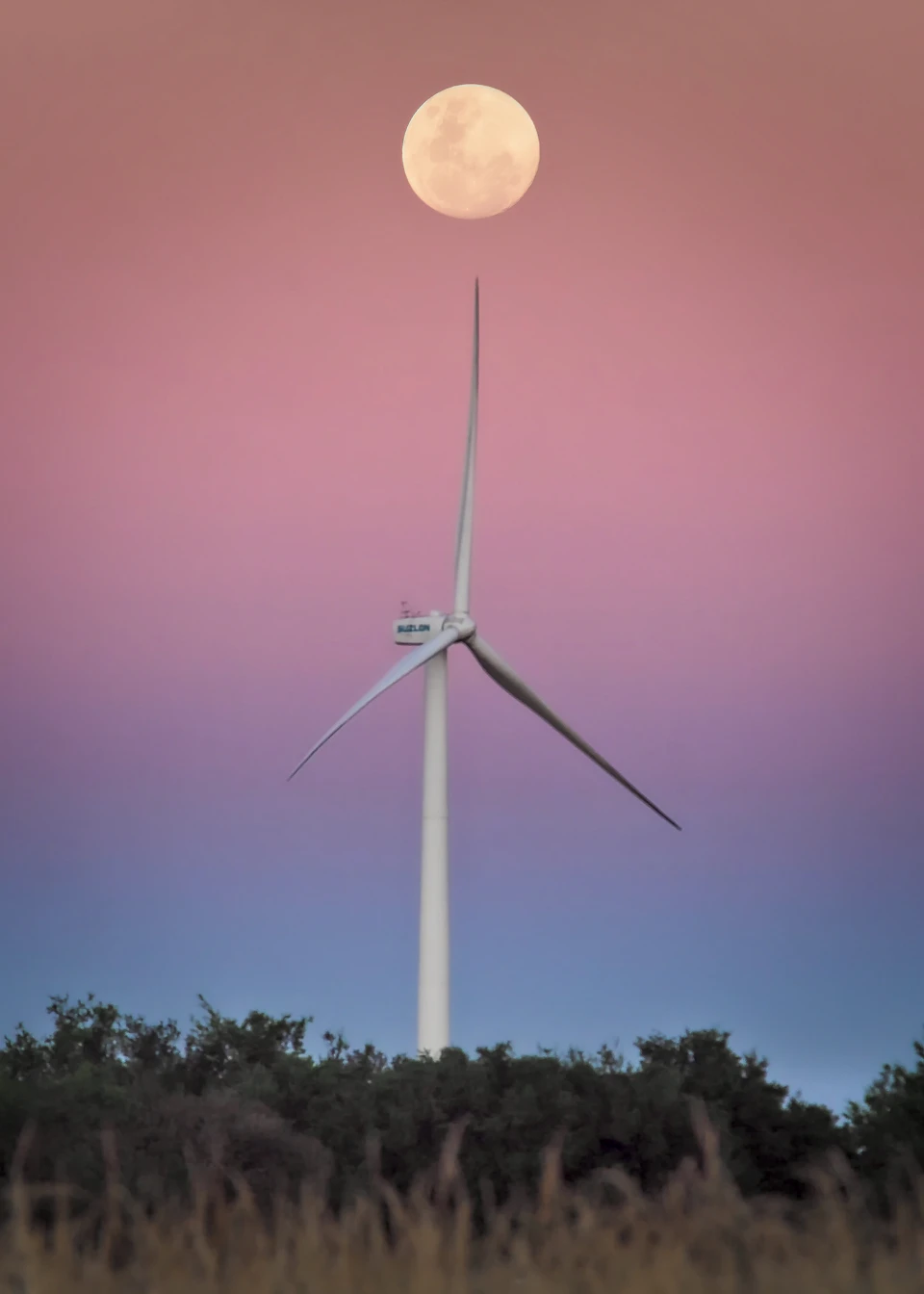 The image depicts a wind turbine standing tall against a backdrop of a vibrant sunset sky. The turbine is painted white and features two large blades that are angled towards each other, suggesting they are spinning rapidly to generate power. A full moon can be seen in the top right corner of the frame, casting a soft glow over the scene.

The setting sun casts long shadows across the landscape, adding depth and dimension to the image. The sky is painted with hues of pink and purple, creating a stunning contrast against the white blades of the wind turbine. In the foreground, there are trees that add a touch of nature's beauty to this industrial scene.