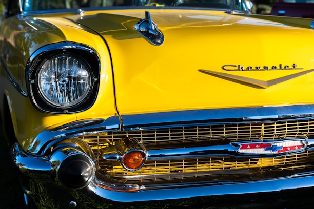 the front of a yellow car