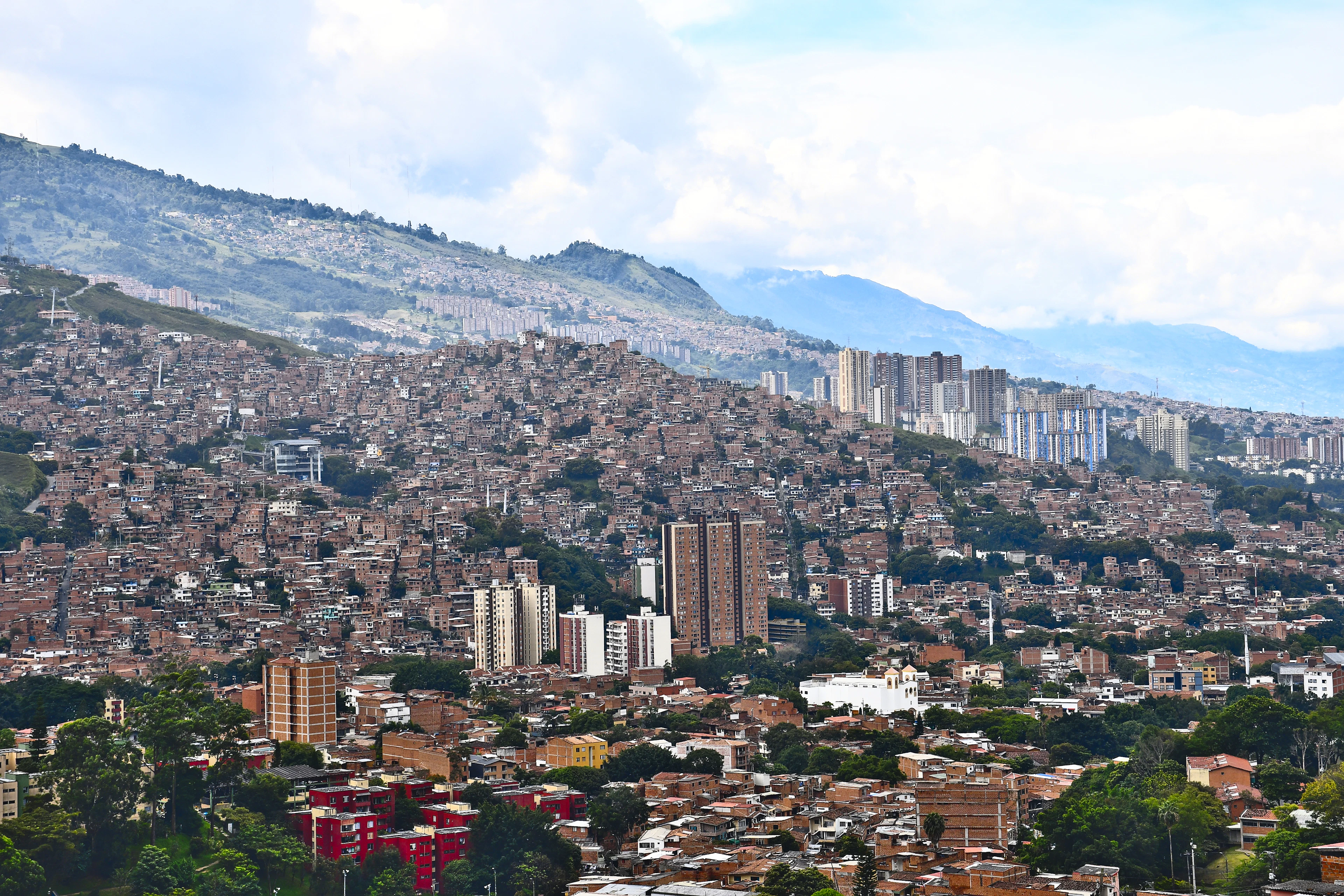 A panorama of Medellín and its mountains seen from Comuna 13, Colombia
