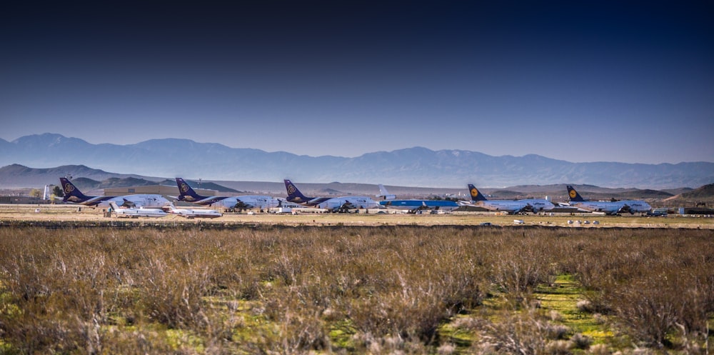 a group of airplanes parked in a field