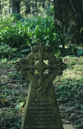 An old stone grave marker stands amidst a verdant forest setting. The design features an ornate Celtic cross with intricate carvings. The background is filled with lush green foliage and tall trees casting shadows on the ground.