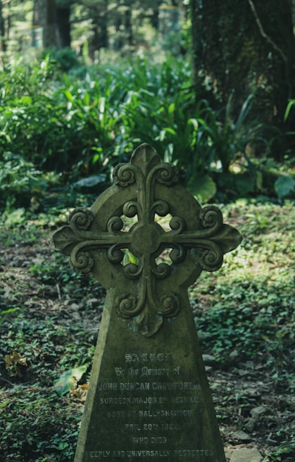 An ancient Celtic cross standing quietly amidst moss-covered stones.