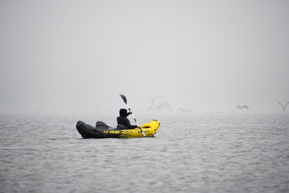 a person in a kayak in the water with birds flying around