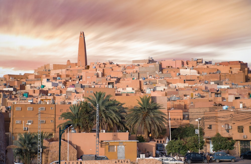 a city with palm trees and buildings