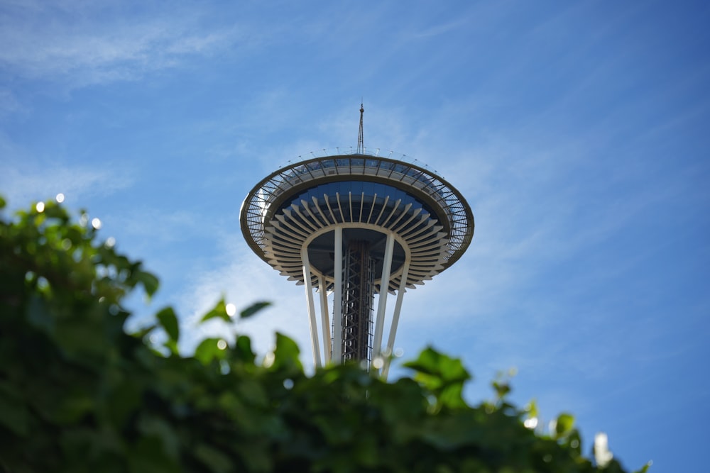 a water tower with a blue sky