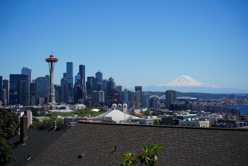 a city with a mountain in the background