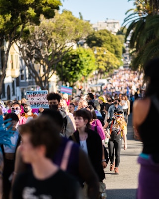A large crowd of people is gathered outdoors, with many individuals walking along a street lined with trees. The focal group is holding signs, one of which reads 'Trans Rights Are Human Rights.' The crowd is diverse, and some people are wearing masks and vibrant clothing. The atmosphere is lively, and the surrounding environment includes trees and buildings.