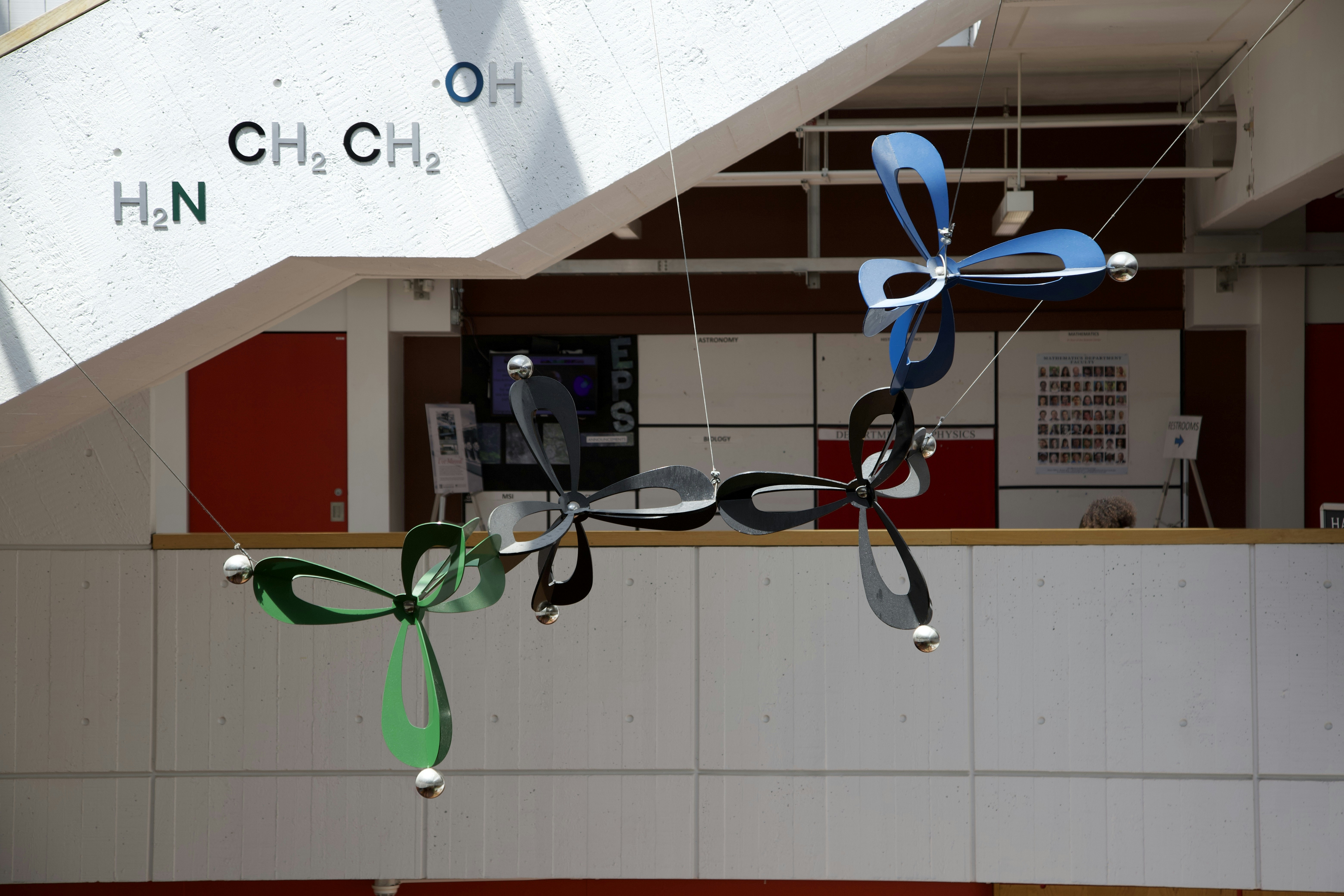 a room with a sign and a plant on the wall