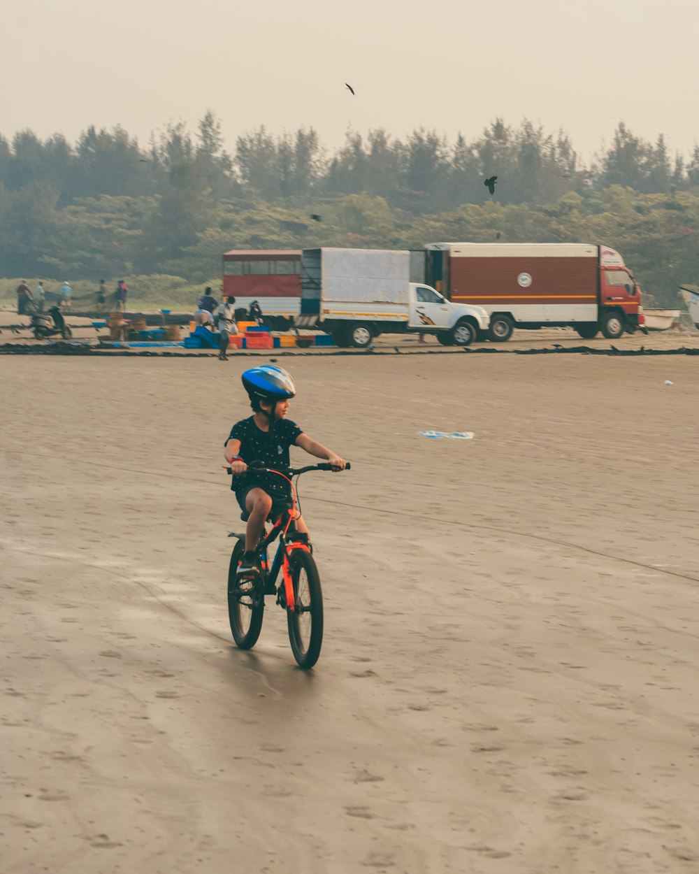 Un bambino che va in bicicletta su una spiaggia sabbiosa