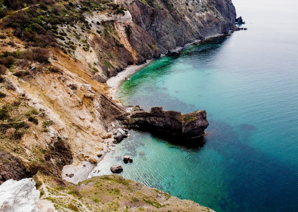 a rocky beach with a body of water and a rocky cliff