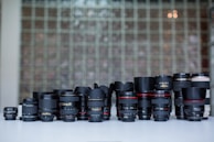 A collection of lenses lined up on a desk, each chosen for specific shooting needs.