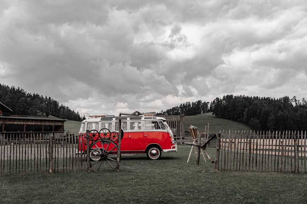 a bus parked in a field