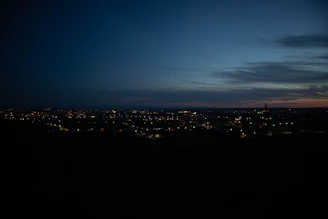 A serene nighttime cityscape bathed in deep blue with subtle gold lights glowing softly.