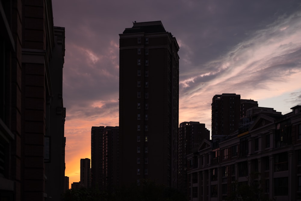 a city skyline at sunset