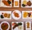An assortment of various plated dishes arranged on a wooden table. The dishes include fish with spinach and staple food, a pastry, a meat dish with mashed potatoes and greens, a bowl of mixed vegetables with wraps, rice with garnishes, french fries with fried chicken, a vegetable and bean dish, a rib steak with spinach and rice, and samosas.