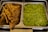 A serving tray containing two dishes side by side: on the left are neatly stacked brown, crispy flatbreads, and on the right is a tray filled with a vibrant green mashed mixture, likely containing peas or other legumes.