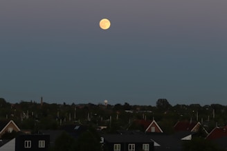 A full moon rises above a suburban landscape with several houses visible in the foreground and trees in the background. The sky has a gradient from dark to lighter hues, suggesting twilight or early evening.