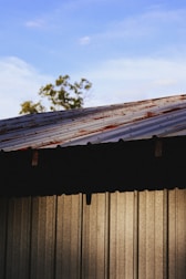A corrugated metal roof with rust spots is partially visible, covering a structure made of similar vertical metal panels. The clear blue sky is in the background, with a small portion of green foliage from a distant tree visible at the edge.