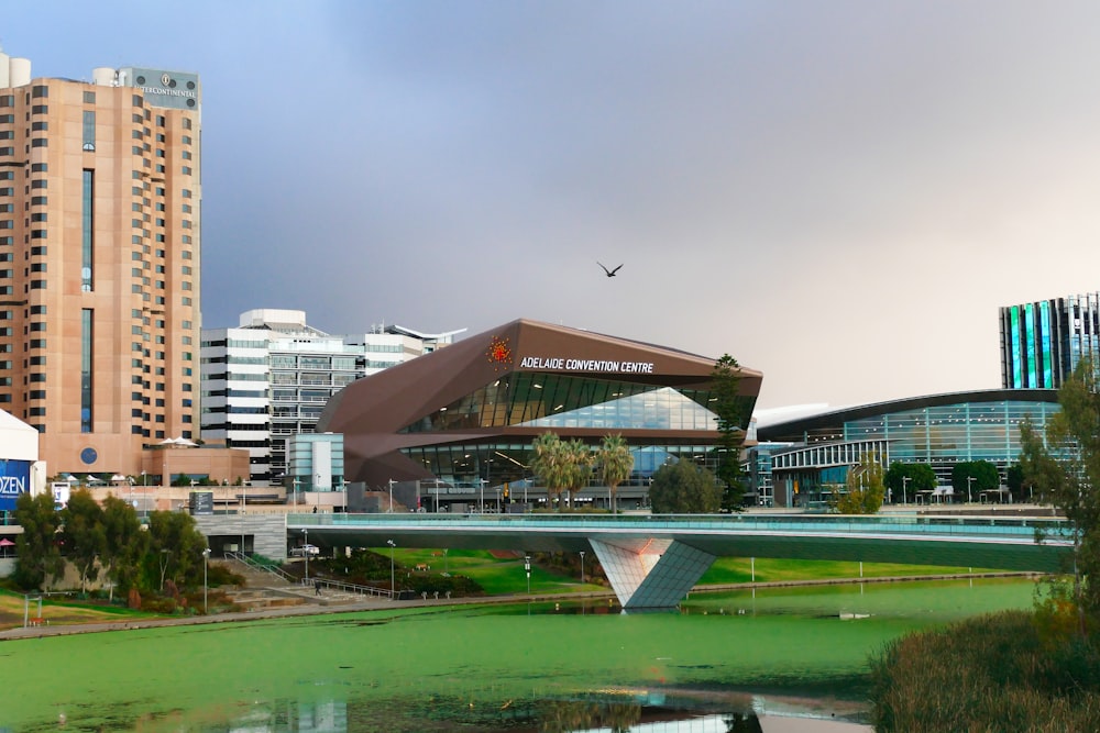 a large stadium with a pond in front of it