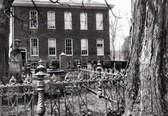 A historic building with tall windows is partially obscured by bare tree branches. In the foreground, aged tombstones and ornate wrought iron fences suggest an old cemetery. The scene conveys a sense of antiquity and quiet solitude, enhanced by the leafless trees.