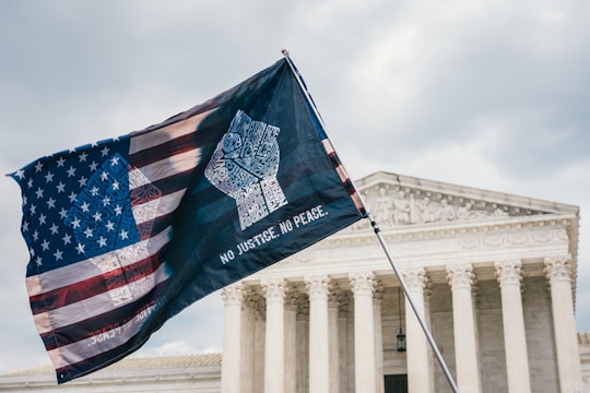 A flag design blending the American flag with text forming a raised fist is prominently displayed in front of a neoclassical building with large columns and ornate architectural details.