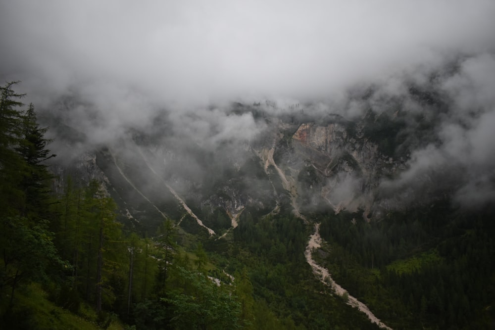 a mountain with trees and clouds