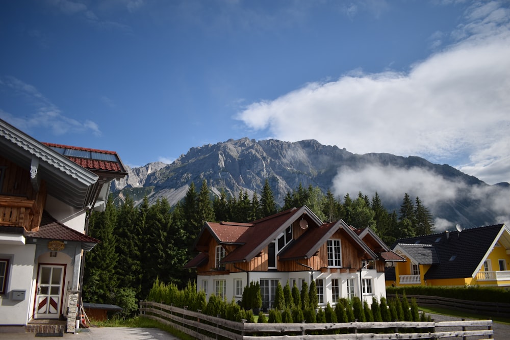 a group of houses with mountains in the background