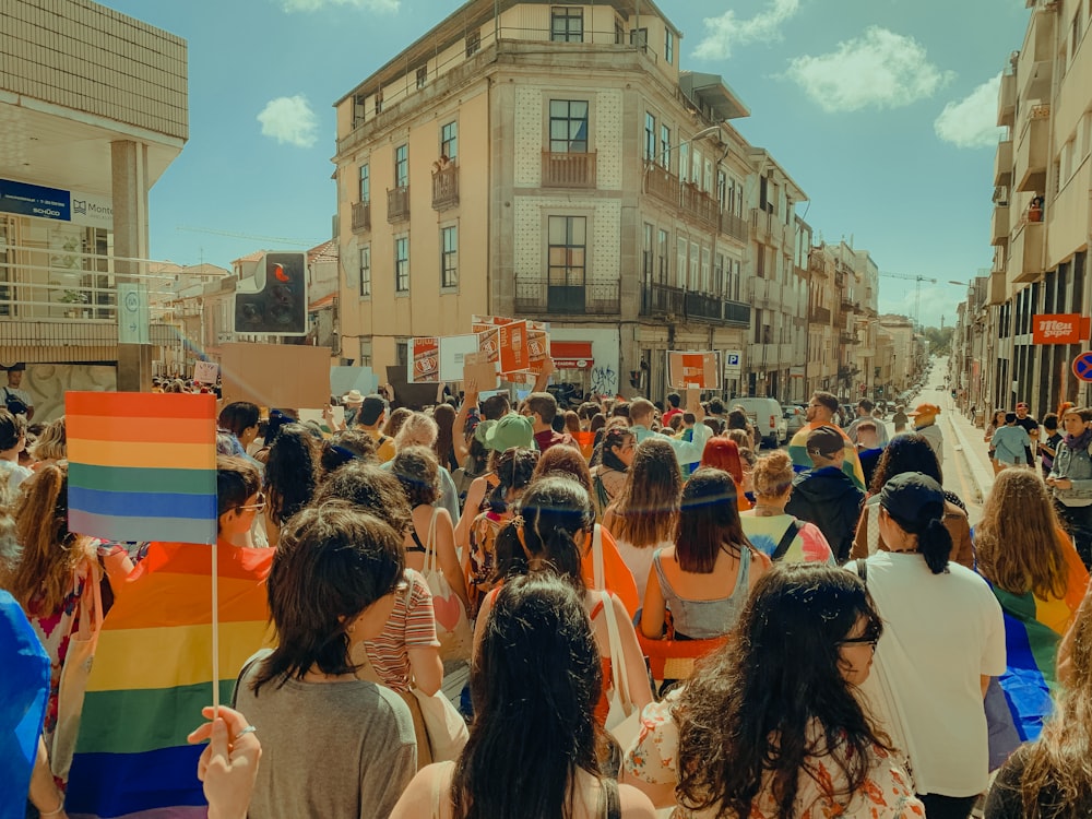 a crowd of people in a street