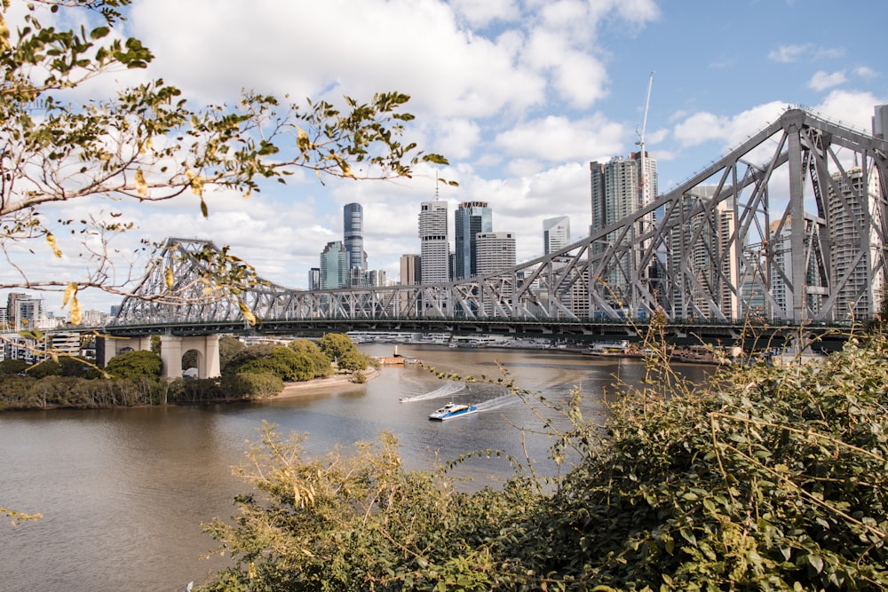 a bridge over a river with a city in the background