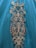 Intricate floral embroidery adorns a teal fabric, featuring gold and shimmering blue accents.