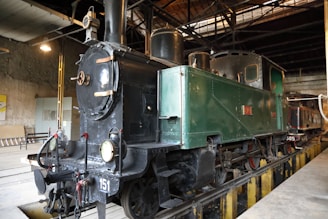 Vintage railroad memorabilia displayed in a museum setting.