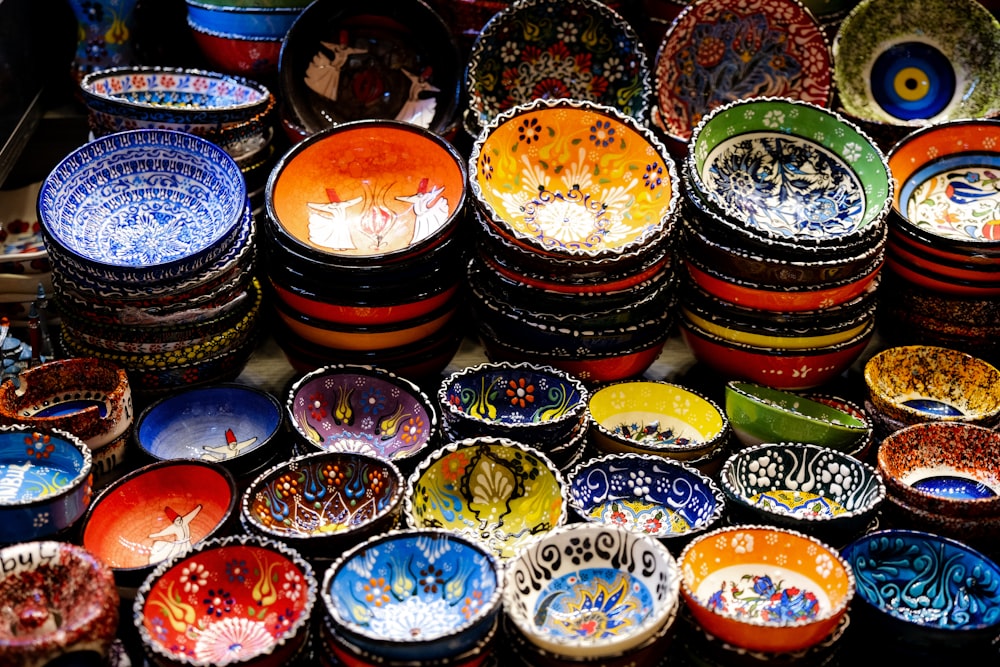 a group of colorful bowls