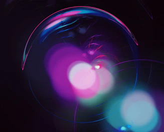 A sleek carousel slider displaying diverse creative artworks and scientific visuals with a cosmic theme background.