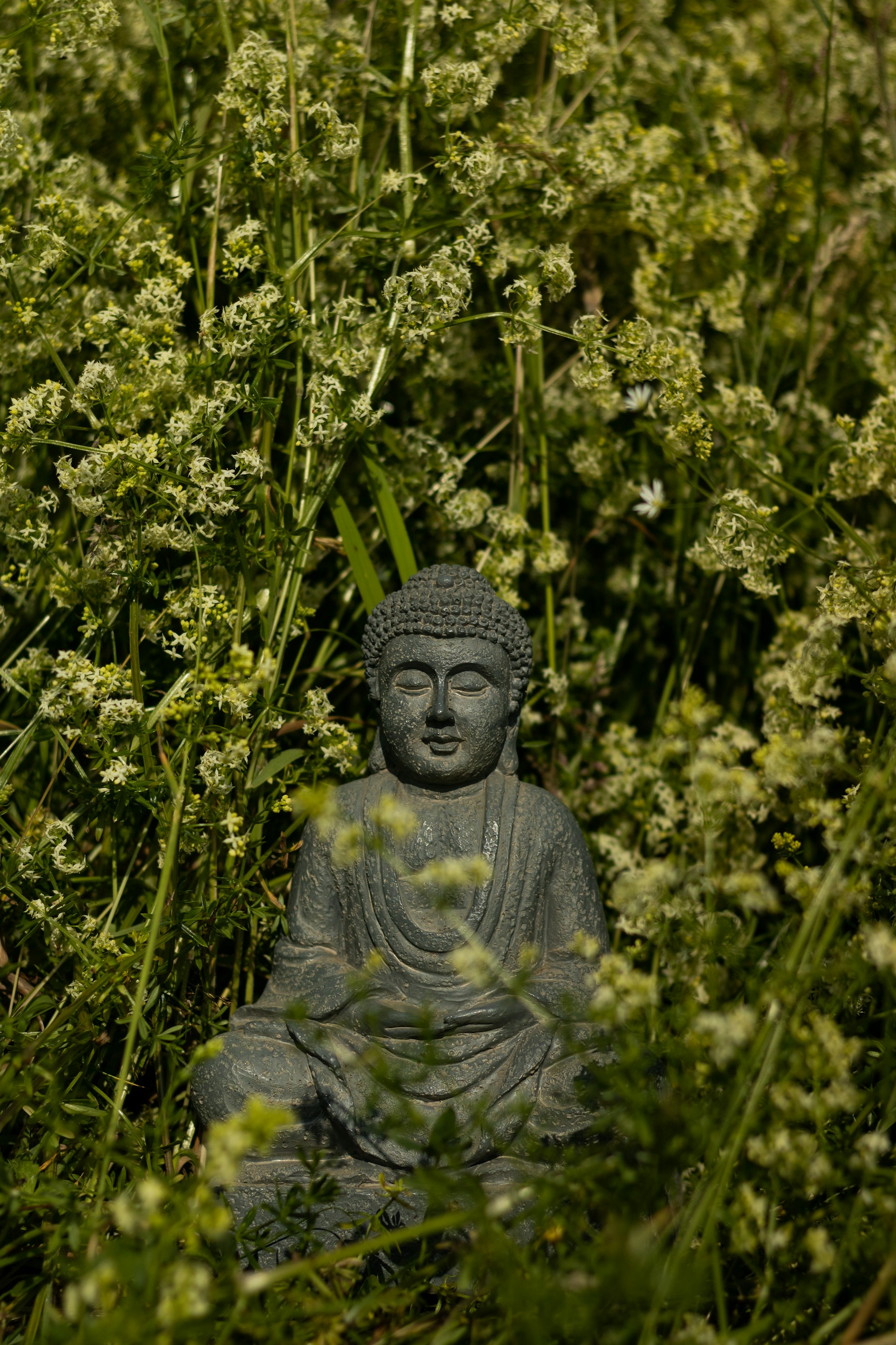 a statue of a person surrounded by plants