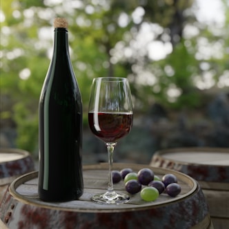 a bottle of wine and grapes on a table