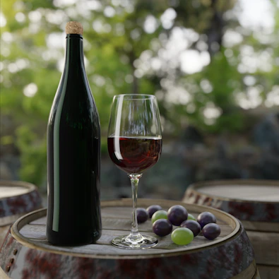 a bottle of wine and grapes on a table