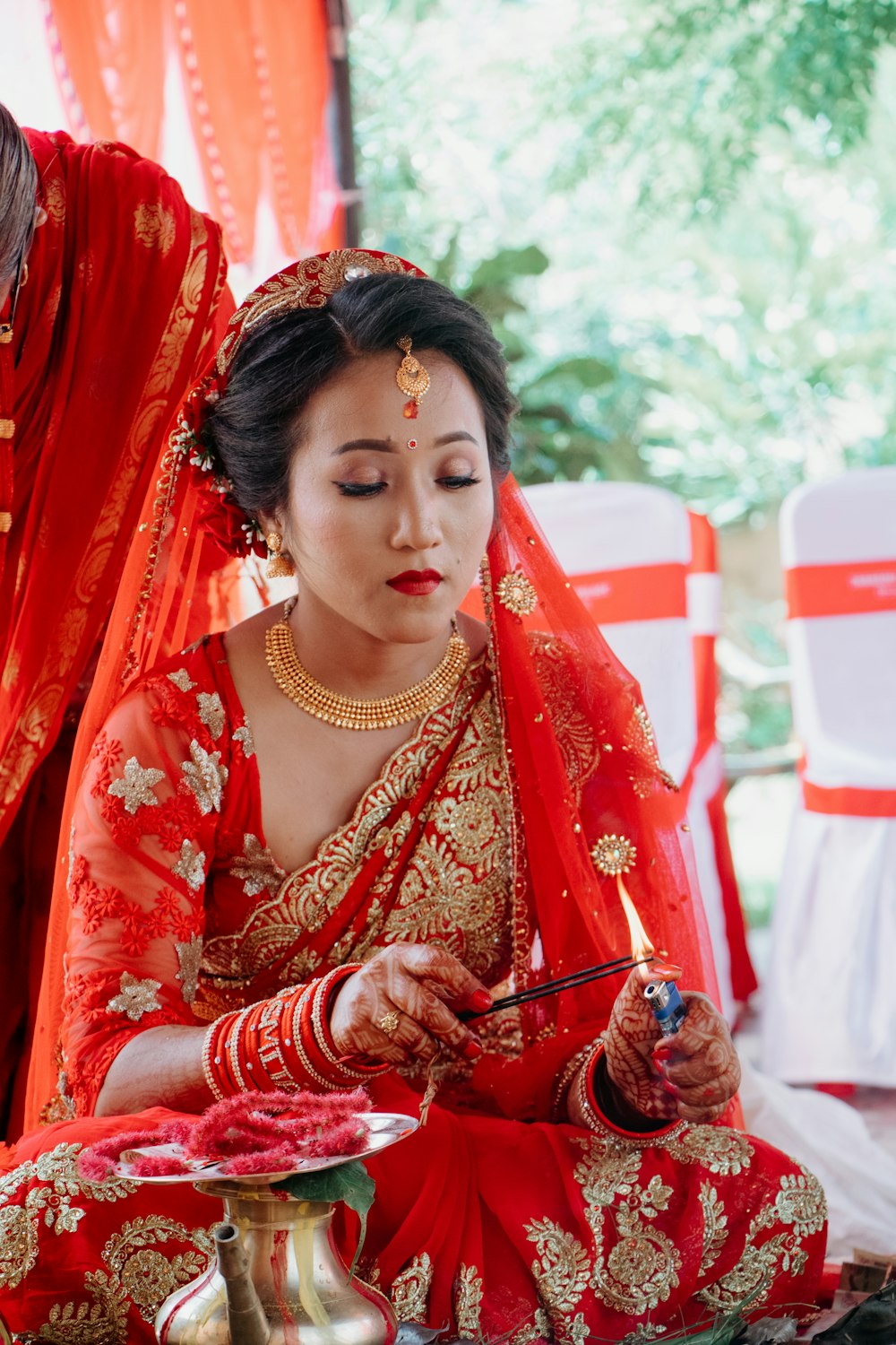 a woman in a red dress