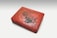 An intricately designed rectangular box with carvings on the top surface, featuring various figures and decorative patterns. The box has a predominantly red hue with some darker accents in the carvings.