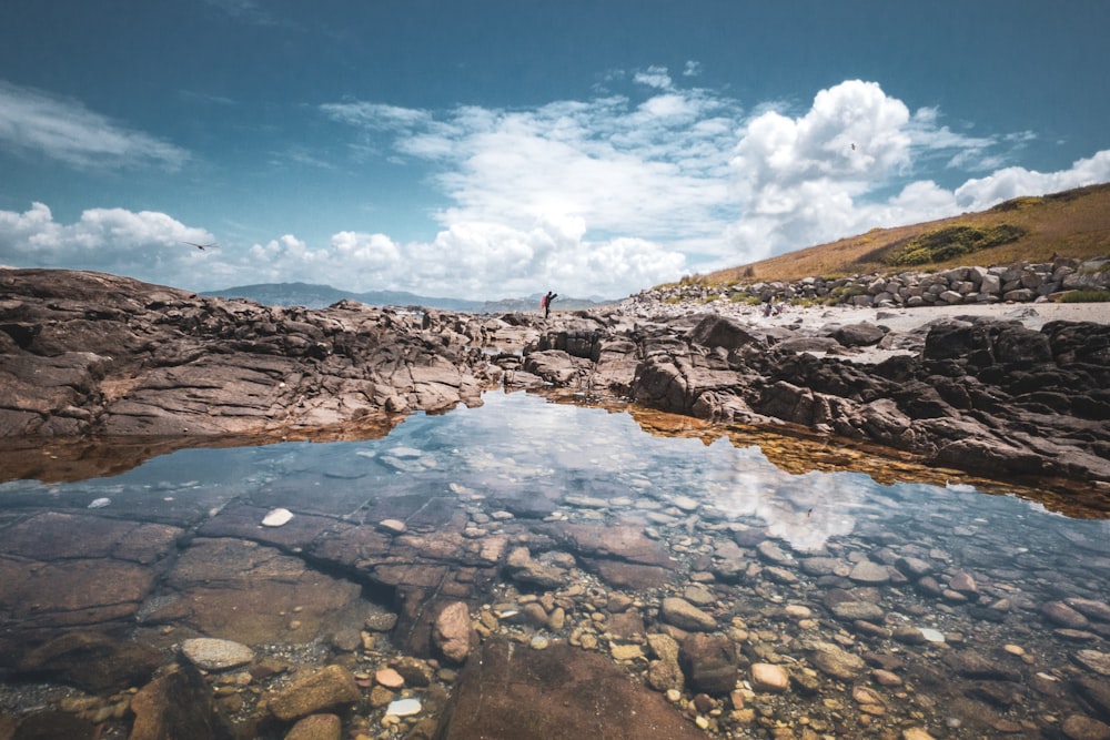 a rocky beach with a person standing on it