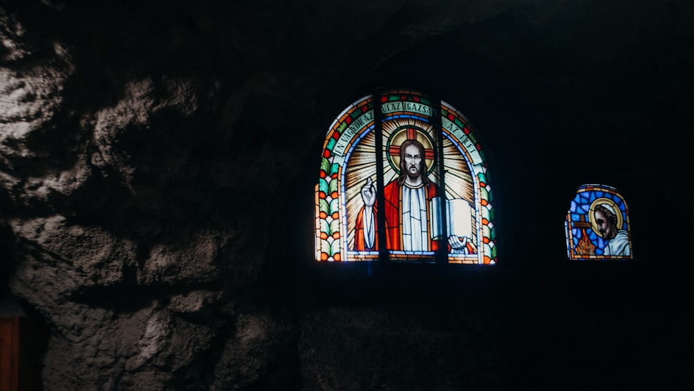 a group of stained glass windows