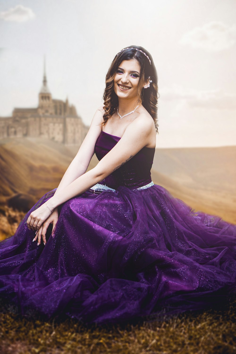 a woman in a purple dress