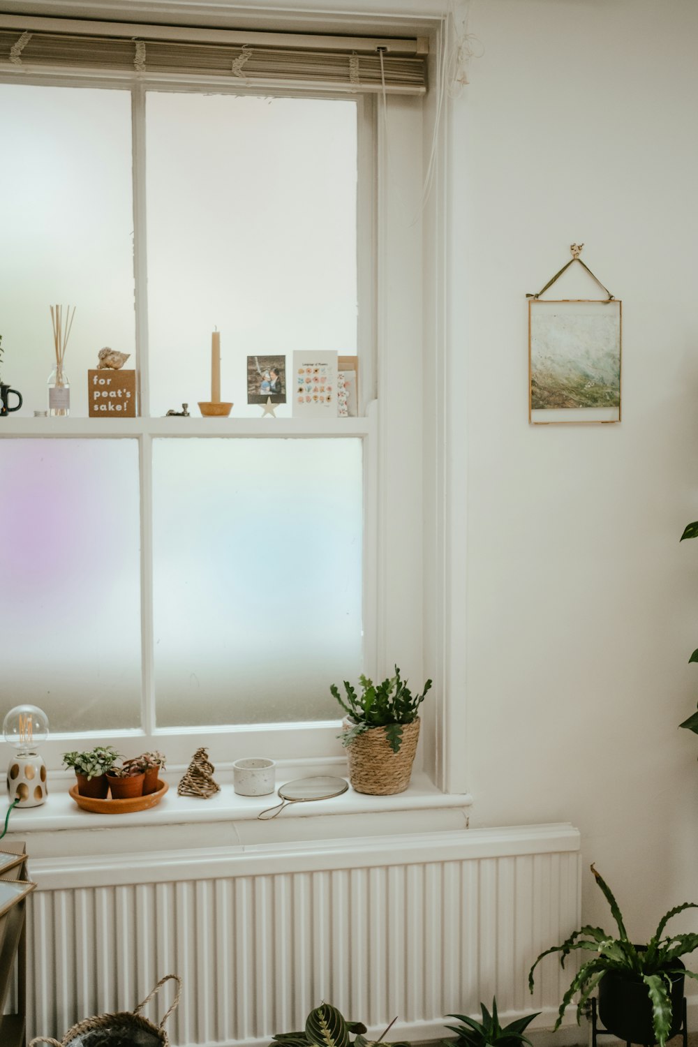 a white shelf with a basket and plants on it