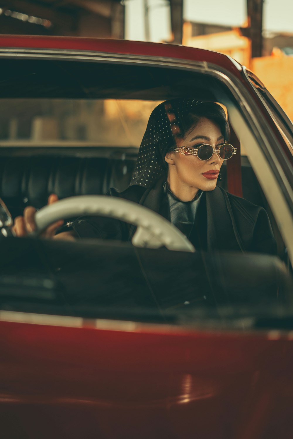 a woman in a car