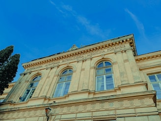 A historic building with classical architectural elements, including tall arched windows and detailed carvings. The facade is adorned with inscriptions related to pathology and anatomy. The sky above is clear and blue, with a tree partially visible on the left side.