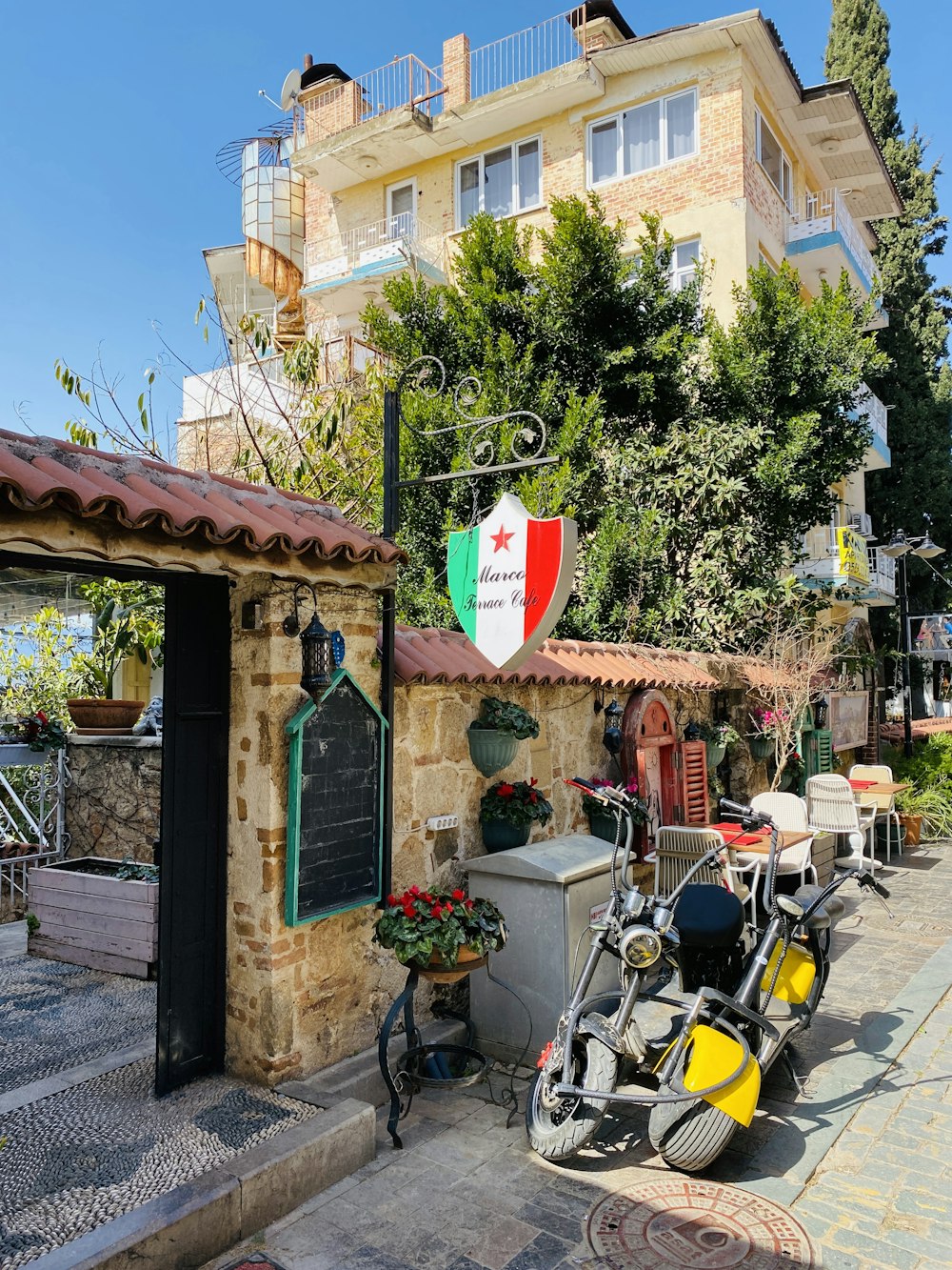 a motorcycle parked on the side of a street