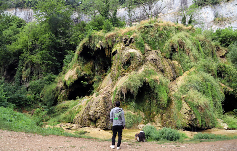 Promeneur et son chien sur un chemin au pied d'une falaise jurassienne