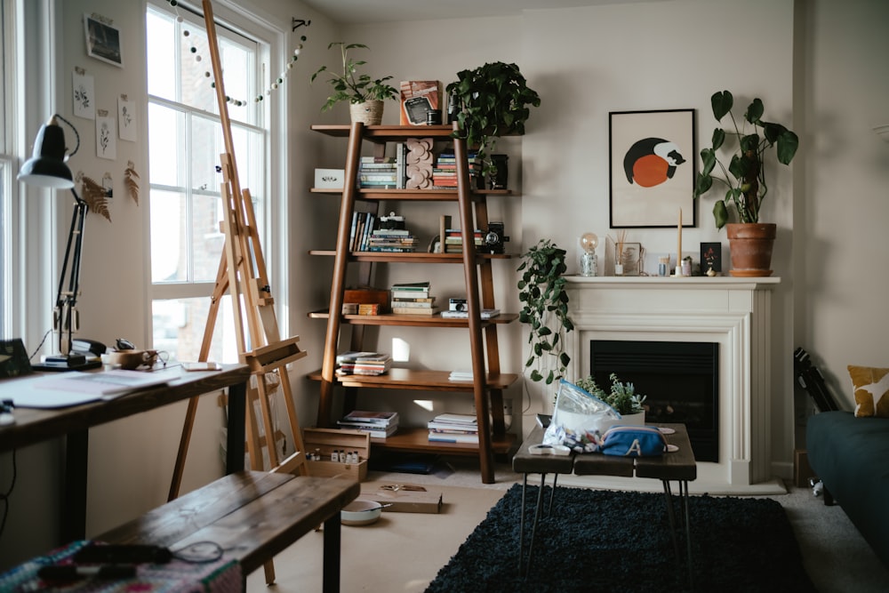 a living room with a fireplace