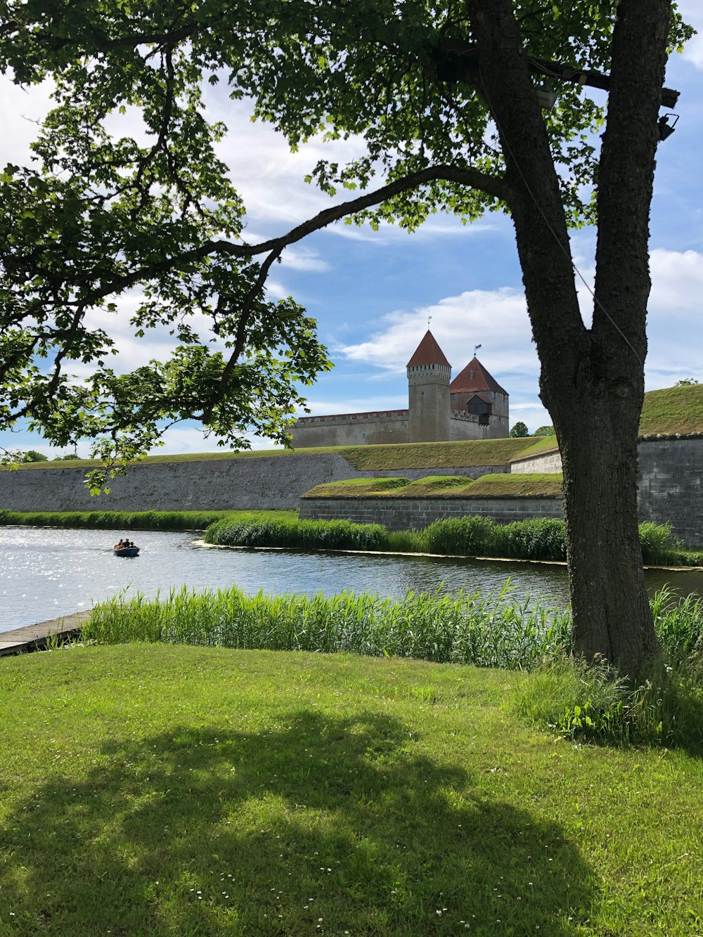 a pond with a building in the background